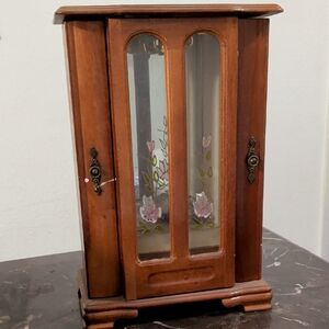 Vintage Wooden Jewelry Cabinet with Glass Doors